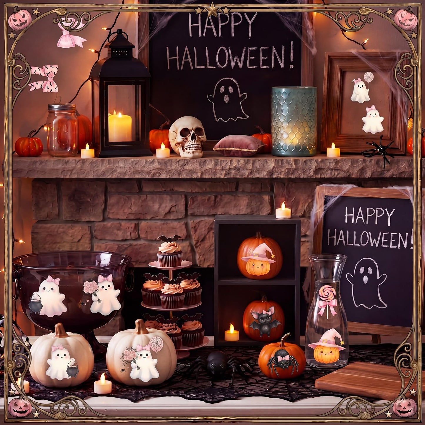 Harloon 15 Sheets Halloween Cute Ghost Rub on Transfers for Crafts Furniture Wood Ornaments Pink Bow Ghost Pumpkin Stickers Rub on Decals for Halloween Scrapbook DIY Wood Fabric Journal Envelope