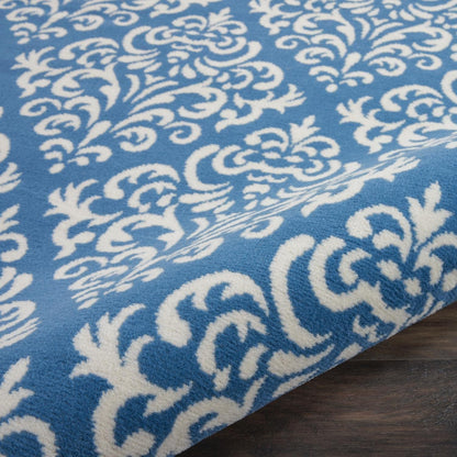Nourison Grafix Damask Blue Area Rug, 5'3" x ROUND, Easy-Cleaning, Non-Shedding for Bedroom, Living Room, Dining Room,