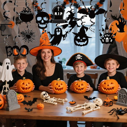 Halloween Hanging Swirls Decorations, LMSHOWOWO 30PCS Foil Hanging Ceiling Swirls Streamers with Black Spooky Ghost Witches Bat for Halloween Home Classroom Office Tree Door Porch Ceiling Decor