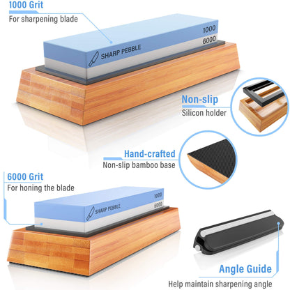 Sharp Pebble Knife Sharpening Stones Kit with 1000/6000 and Classic Leather Strop with Angle Guide & Green Compound
