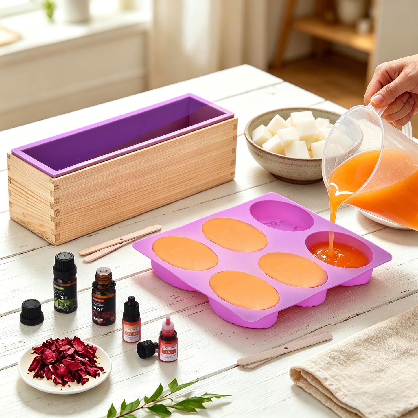 Soap Making Kit for Adults All-in-One Soap Making Supplies Includes Melt & Pour Goat Milk Soap Base, Silicone Loaf Molds,Premium Cutting Box & 500+PCS DIY Handmade Soap