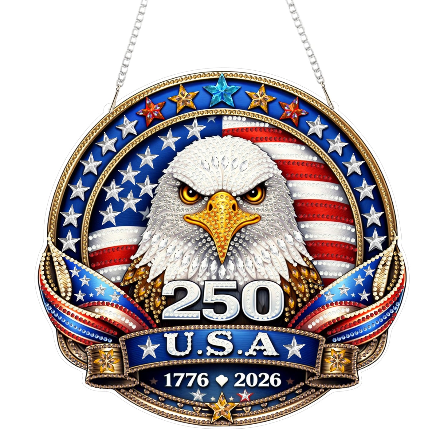 Eiflow 250 Years Anniversary USA Diamond Art Hanging Kit for Adults, DIY Patriotic Diamonds Painting Door Hanger Board Kit, Crystal Diamond Art Painting Pendant Ornament (4th of July Eagle Badge)