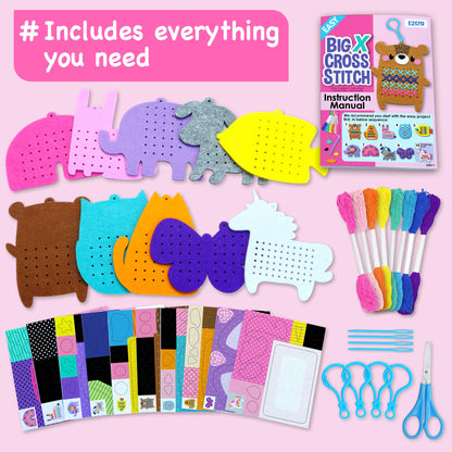 EZCRA Beginner Needlepoint Cross Stitch Kit for Kids Ages 5-8 – Easy Embroidery Starter Set with Jumbo Plastic Needles, Pre-Printed Patterns, Instructions – DIY Arts & Crafts for Girls & Boys