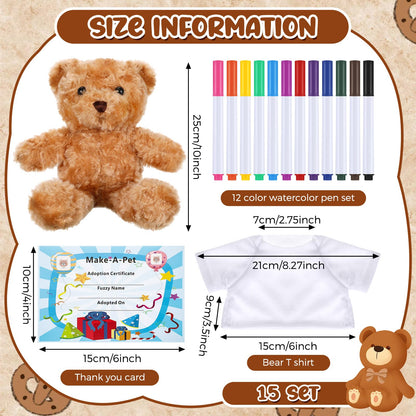 Blueweenly 60pcs 15 Set Make Your Own Stuffed Animal Kit Including 9.84 Inches Velvet Animal T Shirt 12 Colors Pens and Thank You Card DIY Stuffed Plush Gift for Arts Crafts(White)