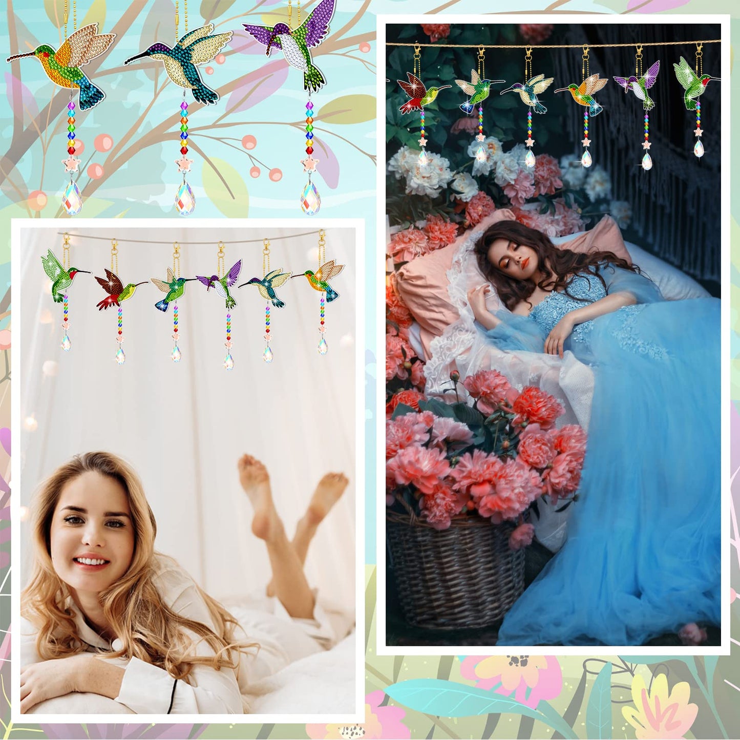 Tradder 6 Pcs Diamond Art Painting Hummingbird Wind Chimes Birds Art Kits for Adults 2026 Vacation Bible School Jungle Birds Craft Summer Suncatchers 5d DIY with Pendant for Home Window Decor Garden
