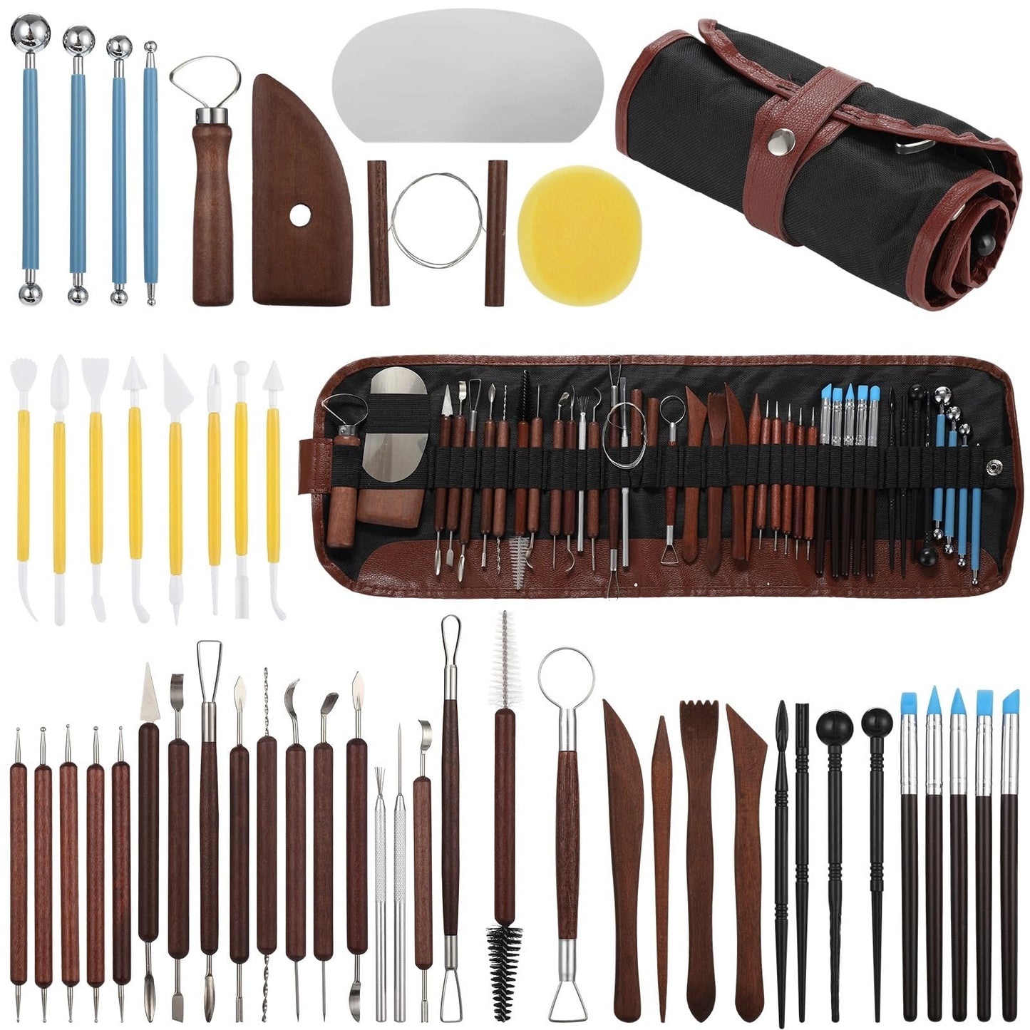 8 Pcs Pottery Tools Kit with Roll-Up Storage Bag, Clay Carving Set, Professional Ceramic Sculpting Modeling Instruments for Beginners & Expert Artists, Wood Metal Plastic Materials