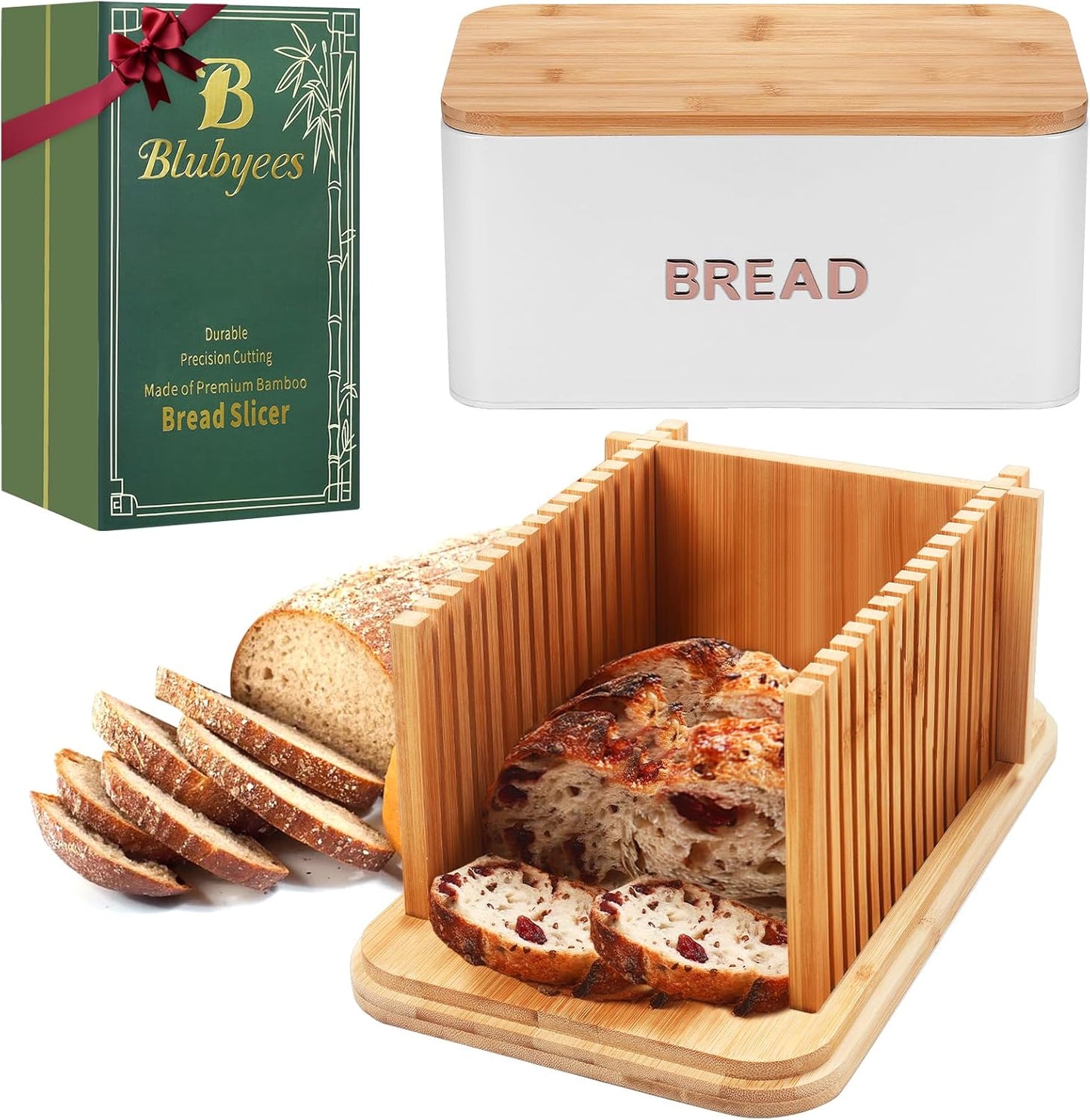 BLUBYEES Bamboo Bread Slicer for Homemade Bread with Crumb Tray & Storage Box Adjustable Slicing Guide for Sourdough