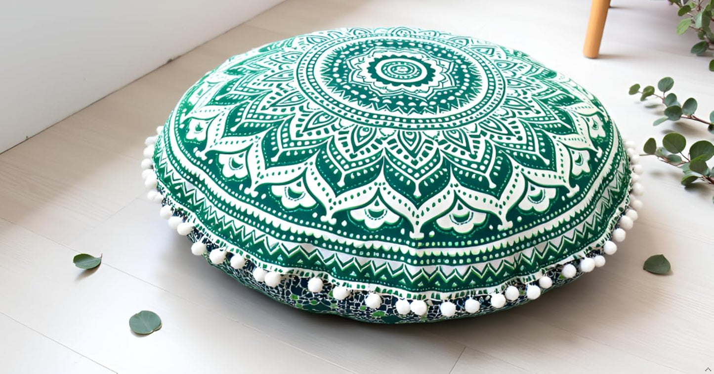 22" CRAFT KALA IN Round Mandala Floor Pillow Cushion Cover Seating Throw Cover Hippie Decorative Bohemian Ottoman Poufs