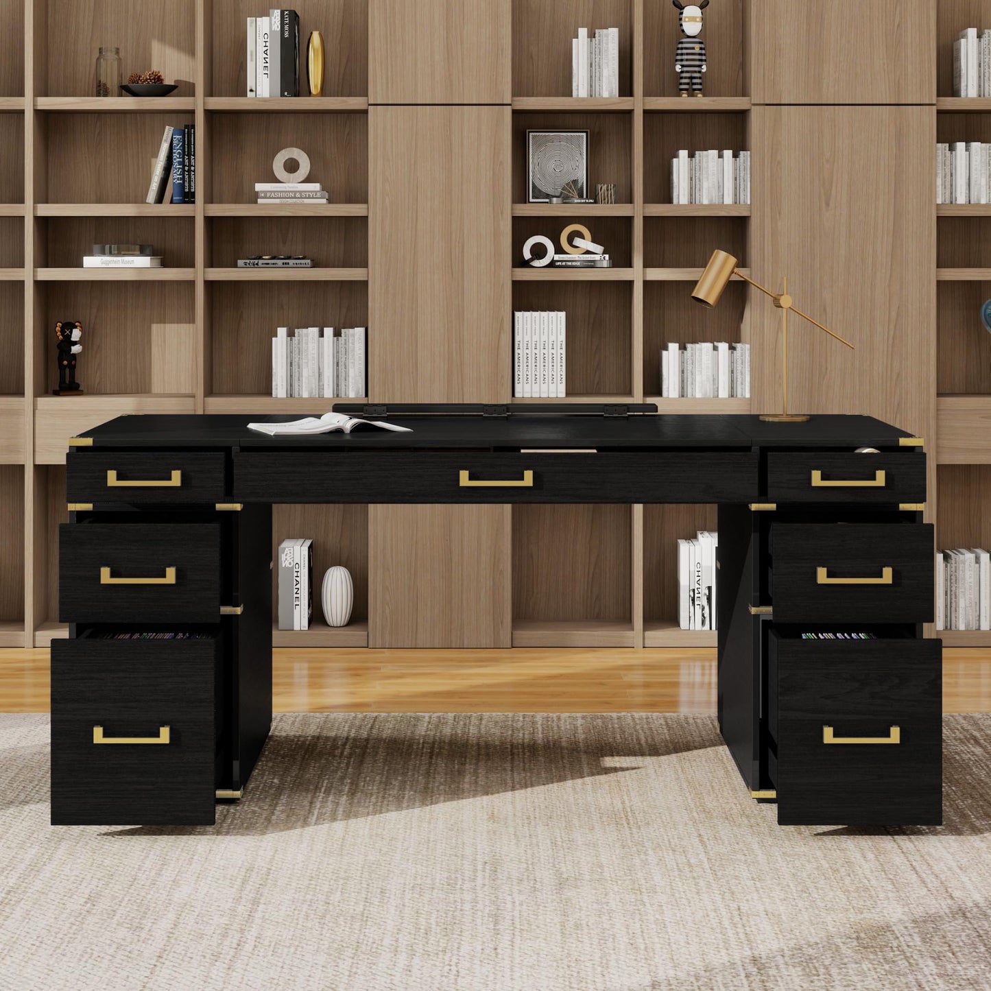 Merax 70" Traditional Executive Desk with Metal Edge Trim, Classic Writing Desk with 2 File Drawers, USB Ports and Outlets, Extra-Large Desk with Hidden Compartment for Home Office, Study Room