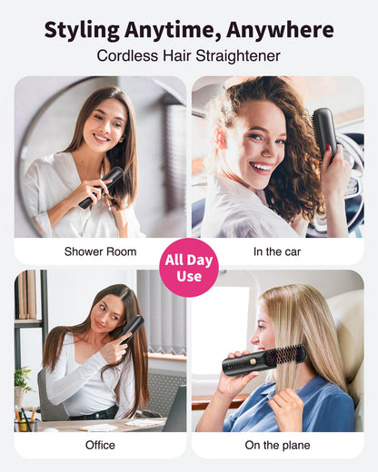 Cordless Hair Straightener Brush - Portable Hair Brush for Travel - 30s Fast Heating - 300 Million Negative Ions for Frizz-Free Shine,Touch Up On-The-Go,Gift for Women,10000mAh