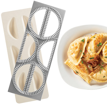 CucinaPro Pierogi Maker w Tray & Press- Make 6 Pierogis, Dumplings, Empanadas, Potstickers or Pastry at Once- Stainless Steel Durable Construction, Portable Set Easy to Use- Homemade Cooking Essential