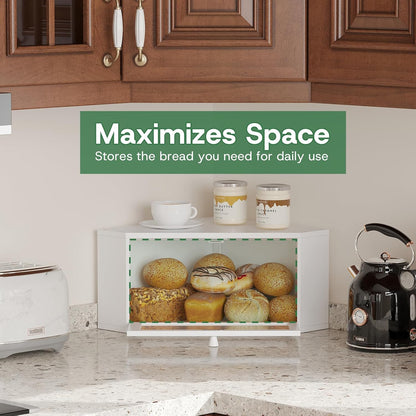 kiplant Countertop Corner Bread Box for Kitchen - Bamboo Wood, Wavy Acrylic Door, Bread Storage Container, Large Bread