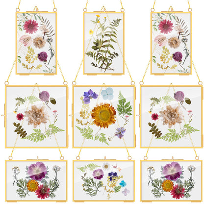 Chunful 9 Pieces Double Glass Frame for Pressed Flowers Hanging Picture Frames Photo Display Gold Metal Brass Floating Frame with Chain for Artwork Art Specimen Wall Plant DIY Gallery, 3 Sizes