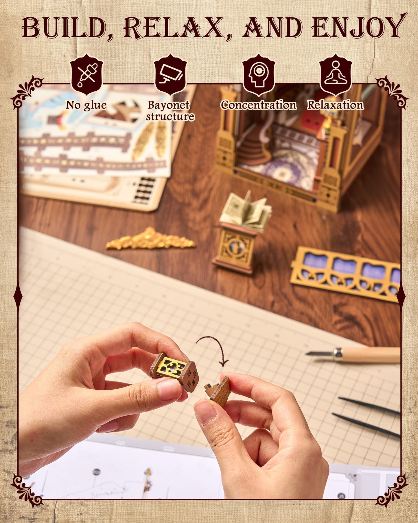 Rolife DIY Book Nook Kit - Library of Wonders 3D Wooden Puzzle | Baroque Miniature House with Grand Chandelier & Touch LED | 10.4" Bookshelf Insert Decor | Creative Gift for Adults (258 Pcs)