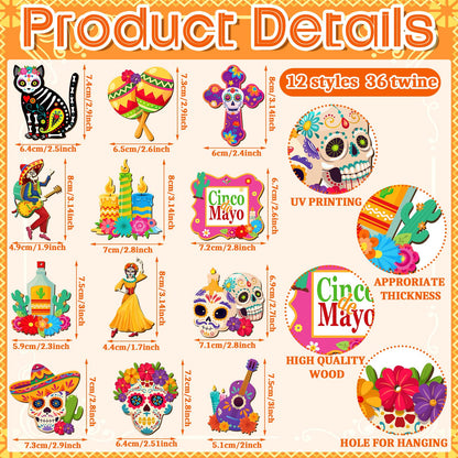 Soaoo 36 Pcs Day of The Dead Ornaments for Tree Dia De Los Muertos Decorations Mexican Theme Cat Skeleton Wood Sign Halloween Ornament Skulls for Crafts Hanging Decor Fiesta Festival Party Gift