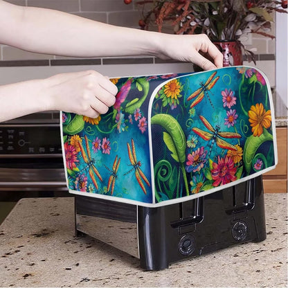 Dragonfly Flower Printed Toaster Cover, 2 Slice Long Slot, Washable Dust Protection for Kitchen Small Appliances