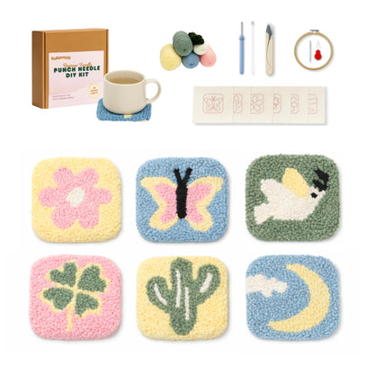 Kukovaya Punch Needle Kit for Beginners & Adults – Complete DIY Embroidery 6-Coaster Kit with Printed Fabric, Yarn, Needle, Hoop & Guide – Easy Craft Kit for Home Décor, Gifts & Stress Relief
