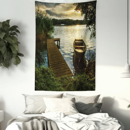 Lunarable Seascape Tapestry Twin Size, Boat at Lake Shore Wooden Pier Sunset Sunbeams Romantic Evening, Wall Hanging Bedspread Bed Cover Wall Decor, Twin Size, Green Yellow