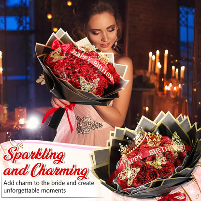 Thiccywoov 50 Pcs Glitter Roses Bouquet Graduation Artificial Rose DIY Flower Bouquet Kit Flower Wrapping Paper 3D Butterflies Crowns for Mom Mother Teacher Birthday (Red)