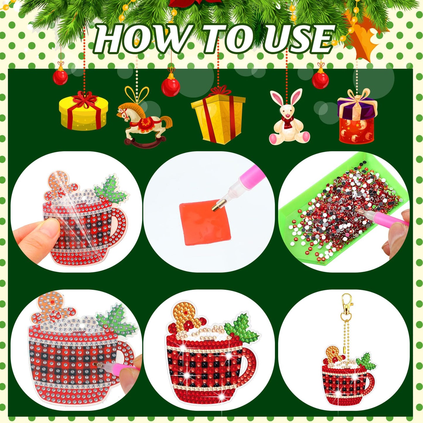 BBTO 15 Pcs Christmas Diamond Painting Keychains 5d DIY Hot Cocoa Diamond Art Ornaments Hot Cocoa Buffalo Plaid DIY Crafts for Adult Xmas Hanging Tree Decoration Party Decor Home
