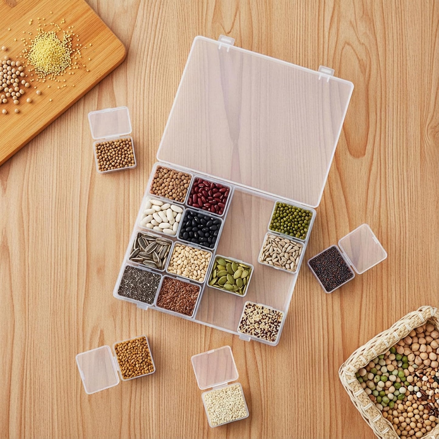 Prygew 4 Pack Bead Storage Container, 64 Grids Small Clear Plastic Nail Organizer Boxes with Hinged Lid, Mini Craft Diamond Organizer Cases for DIY, Fishing Tackles, Screws and Small Parts