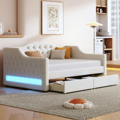 DNYN Twin XL Upholstered Daybed with Storage Drawers for Kids,Adults,Solid Wood Bedframe w/Led & Fabric Backrest Design,No Box Spring Needed & Easy Assembly, Beige
