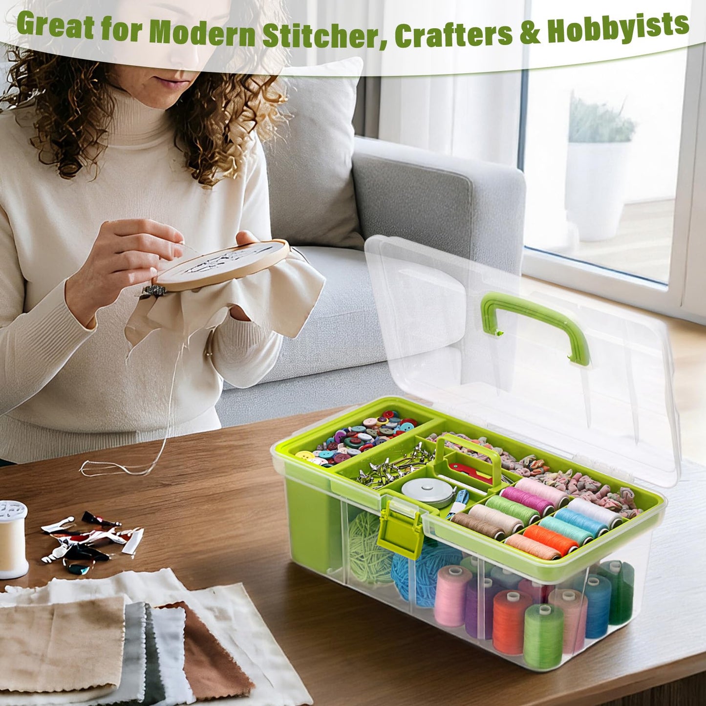 BTSKY 15 Inch Large Capacity Portable Clear Sewing Storage Box - with Removable Compartment Tray, Multi-Layer Sorting Organizer for Thread/Buttons/Tools/Craft DIY, Green