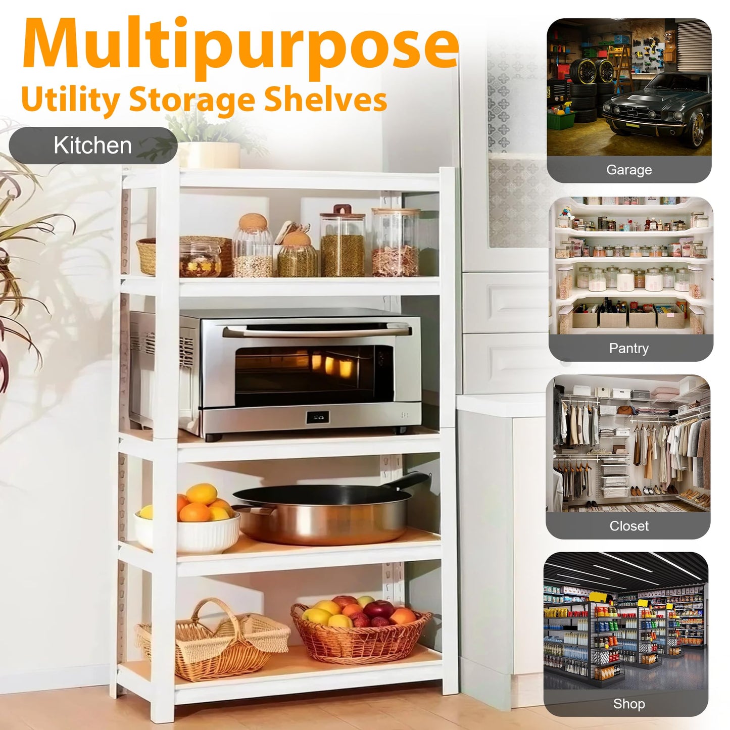 skillmaid 5 Tier White Storage Shelves - Adjustable Pantry Shelves Metal Closet Shelf, Heavy Duty Shelving Unit Utility Rack Organizer for Kitchen Closet Pantry Garage, 28" W x 12" D x 59" H, Set of 4