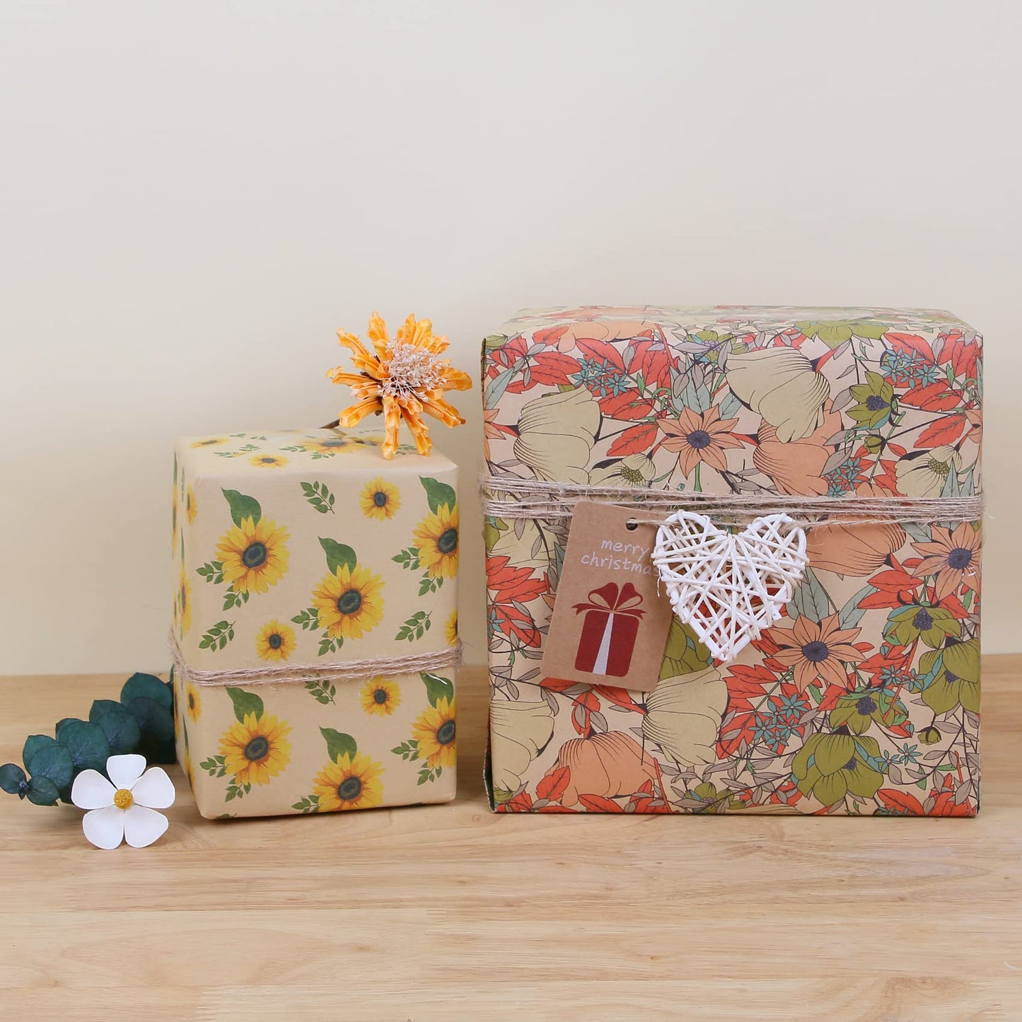 Aimyoo Kraft Floral Wrapping Paper Bundle, Vintage Spring Flowers Rose Gift Wrap Paper for Wedding Bridal Shower Birthday, 3 Rolls 17 in x 10 ft per Roll