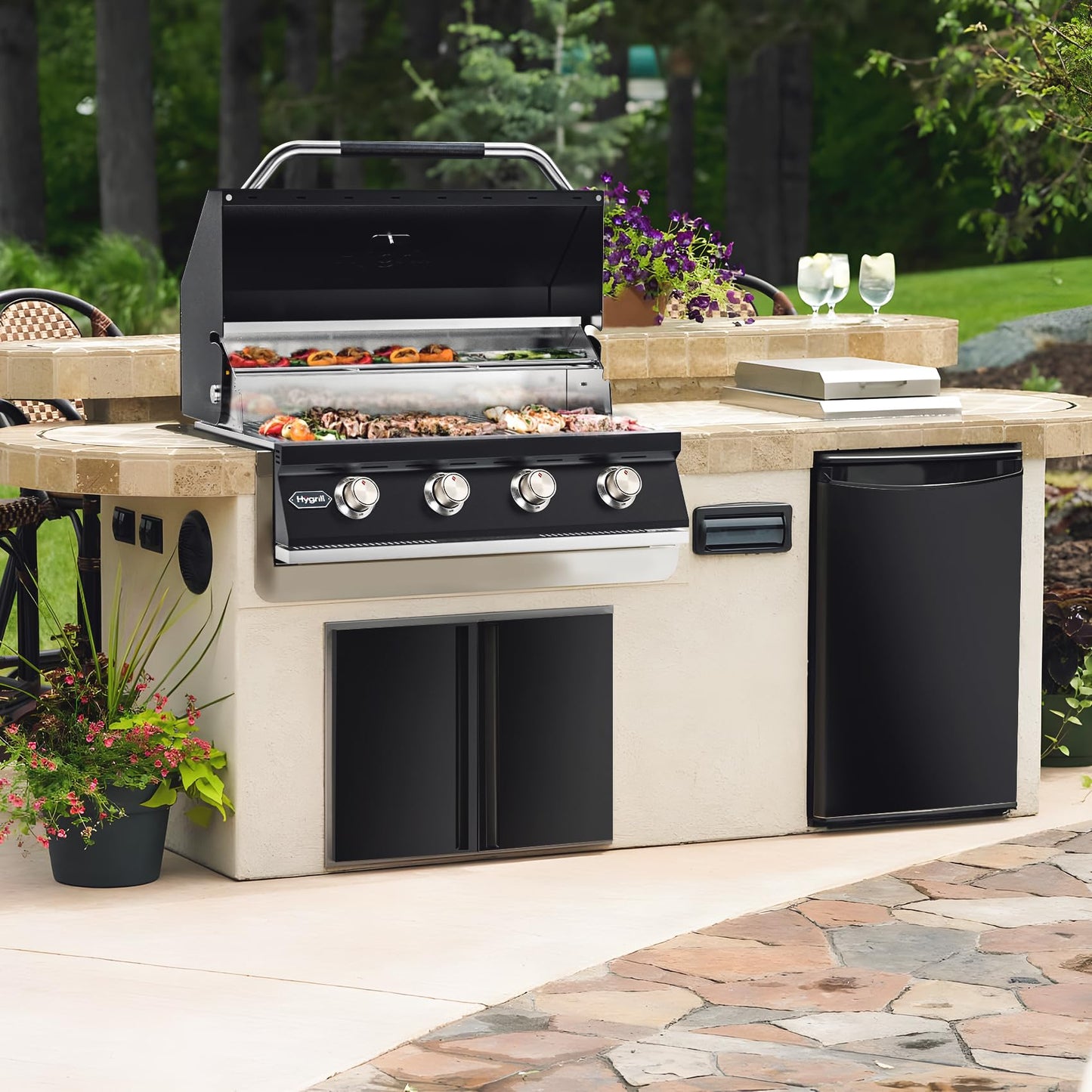 Hygrill STD Series 32-Inch Built In Grill for Natural Gas, Stainless Steel Outdoor Kitchen 4-Burner Grill Head, Black