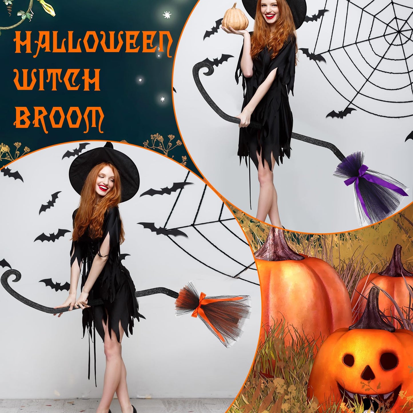 Lenwen 3 Pcs Halloween Witch Broom Plastic Witch Broomstick with Ribbons for Women, Halloween Party Costume Accessories(Black, Purple, Orange)