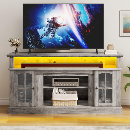 DWVO Farmhouse Television Stand for 75 Inch TV w/Outlets, LED Modern Entertainment Center with Glass Doors and Adjustable Storage Shelves, Media Console TV Cabinet for Living Room, Grey