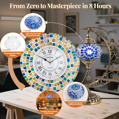 BOHMR DIY Turkish Mosaic Lamp Kit, Moon Stained Glass Lamp Making Kit- Easy,Fun,No Experience Needed, Mosaic Art & Craft Project Kits for Adults & Teens, Make Your Own Table Lamp,Christmas Gift,Blue