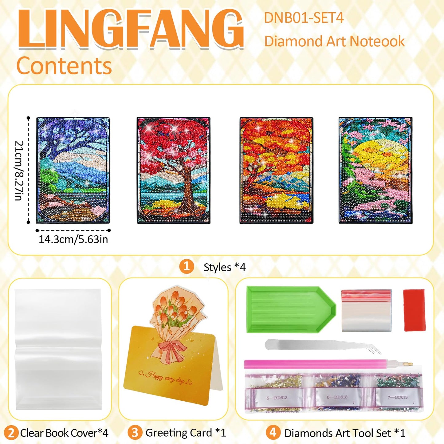 LINGFANG 4 Pack Diamond Art Kits for Adults Teens, Diamond Painting Journals Notebooks, DIY 5D Gem Dots Art Crafts for Adults, Teenagers' Birthday, Graduation, Christmas Gifts with Tools (Season Tree)