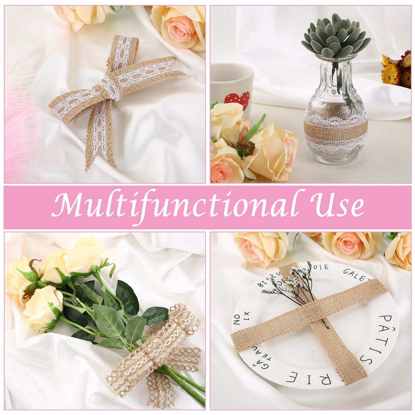 WILLBOND 4 Rolls Burlap Ribbon Lace Roll Crafts Ribbon with 32 Feet Twine Rope for Wedding Rustic Decoration DIY Handmade Crafts, 5.5 Yards for Each