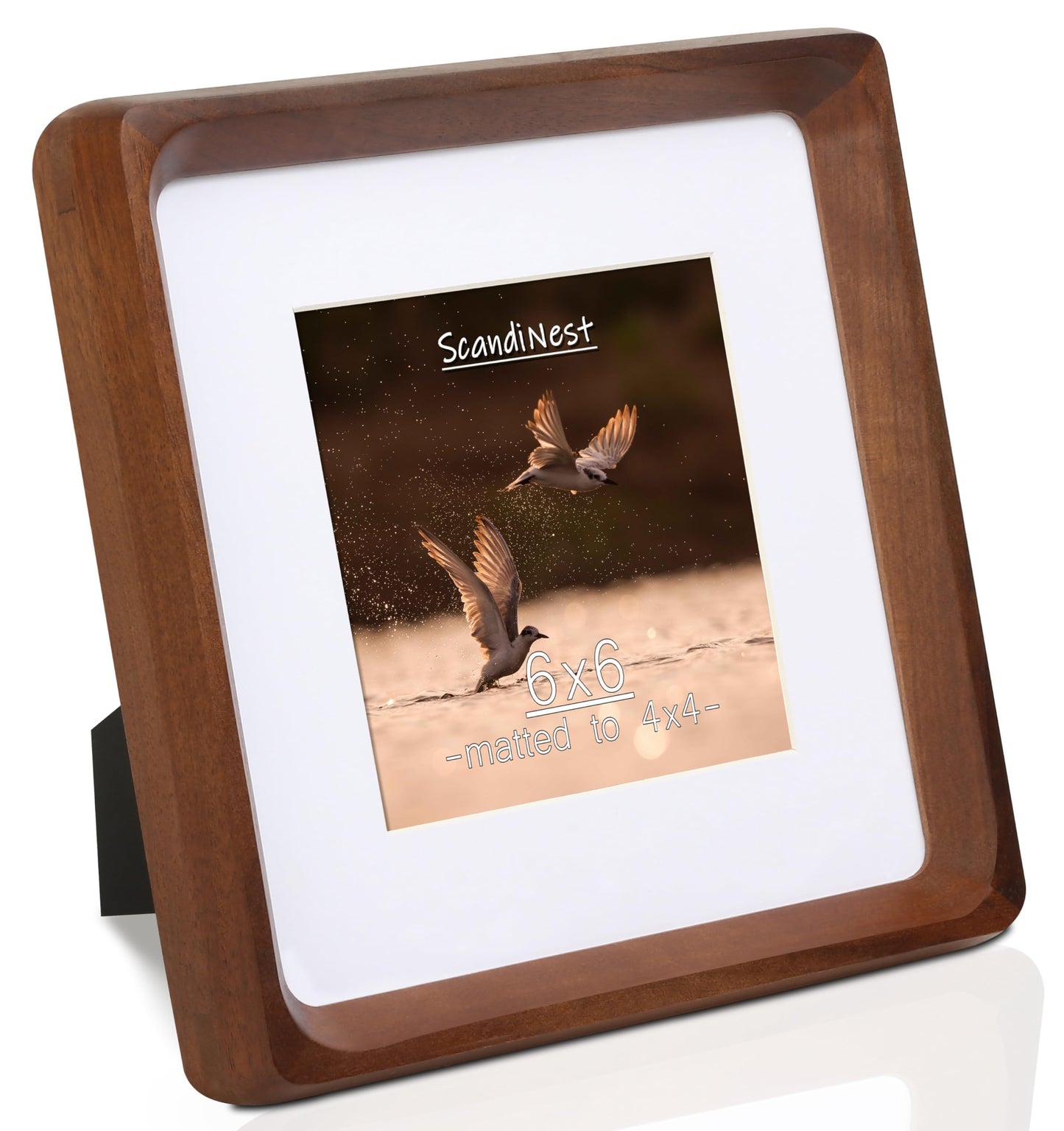 ScandiNest Square 6x6 Picture Frame, USA-Sourced Natural Walnut Wood with Real Glass, Handcrafted Rounded Corners, Matted to 4x4 Photo, Gallery Wall and Tabletop Display