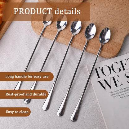 LOVEINUSA 8 Pcs Long Handle Ice Tea Spoons, 9" Silver 304 Stainless Steel Coffee Stirrers for Bar