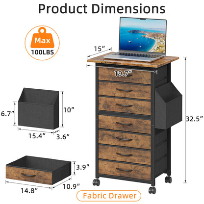 HIGDBFE 7 Fabric Drawers File Cabinet with Side Pocket, Rolling Printer Stand with Storage for Home Office, Wood Top Storage Cabinet for Documents and Crafts, Rustic Brown, 15" D