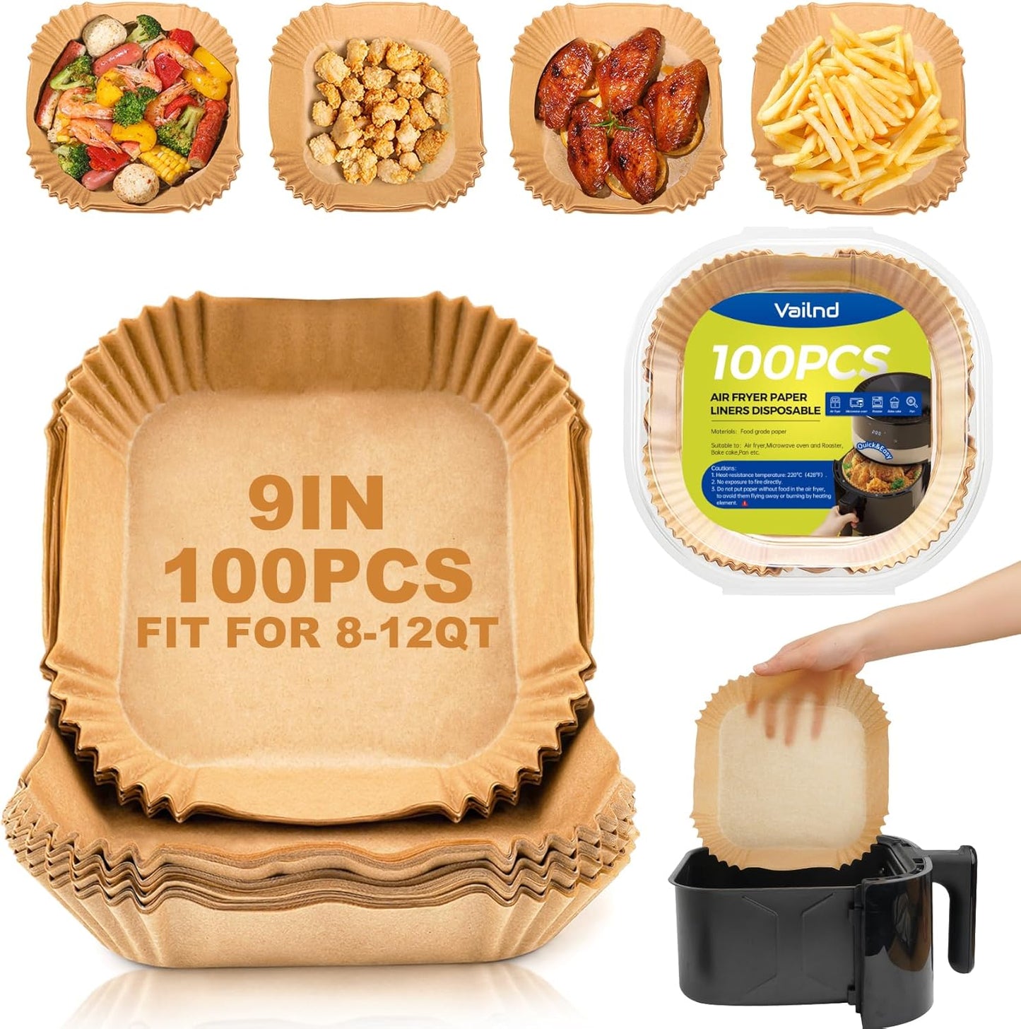 Vailnd Air Fryer Liners Disposable, 100Pcs 9 Inch Oil Proof Parchment Sheets for Air Fryer