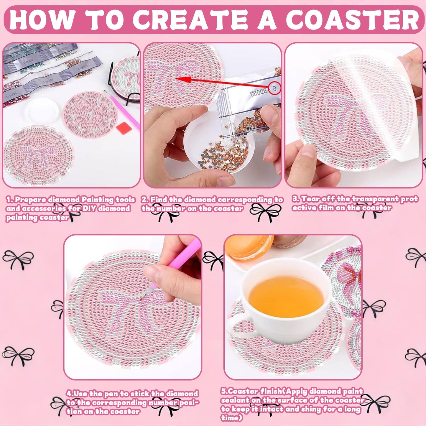 8 Pcs Diamond Painting Coasters,Diamond Painting Kits,Pink Bow Diamond Art Coasters,5D DIY Full Drill Diamond Dots,Gem Art Kits for Adults Arts and Crafts Supplies