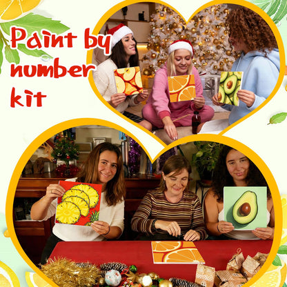 MotiMind 12 Sets Fruit Framed Paint by Number Kit for Adults with 12 Wooden Easels, 12 Disposable Apron, 12 Pigment 12 Brush, 12 Palette, DIY Acrylic Paint by Number Kits for Party