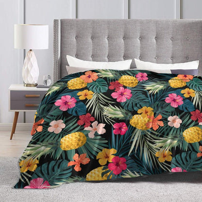 Perinsto 80"X60" Palm Leaves Hibiscus Flowers Hawaii Throw Blanket Ultra Soft Warm All Season Tropical Pineapples Fruit