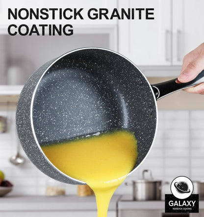 MICHELANGELO Sauce Pan with Lid, Granite Saucepans with Lids, 1Qt & 2Qt & 3Qt Sauce Pan Sets, Nonstick Saucepan Set with Stainless Steel Handle, Oven Safe, Grey