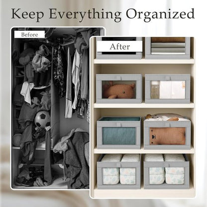 Criusia Linen Closet Organizers - 4 Pack Large Foldable Storage Baskets for Towels, Clothing & More | Grey