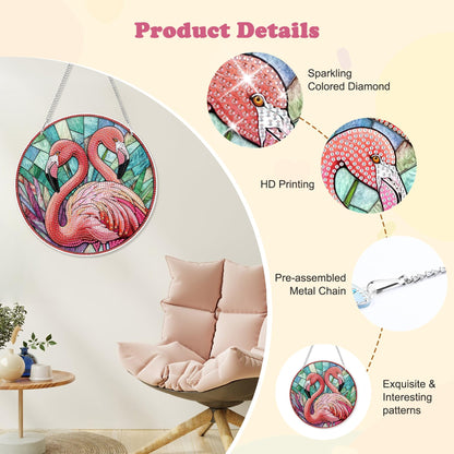 HEIBAGO Flamingo Hanging Diamond Art Kits for Adults, Special Shaped Crystal Diamond Painting Ornament Kit, DIY Double-Sided Pattern Window Pendant Gem Art Kit for Home Wall Decor 8.3x8.3inch