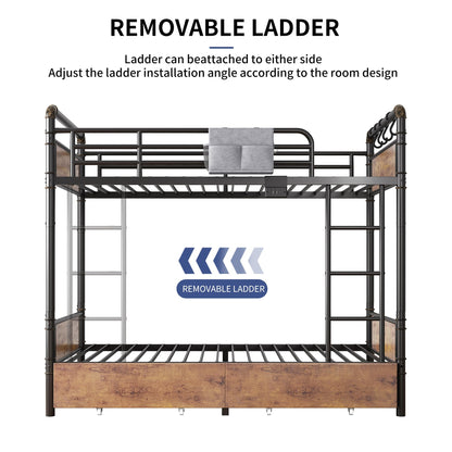 Jocoevol Metal LED Bunk Bed Twin Over Twin with 2 Storage Drawers, USB Charging Station, Industrial Bunkbeds Heavy Duty Bed with Safety Guardrail and Ladder, No Box Spring Needed, Vintage Brown