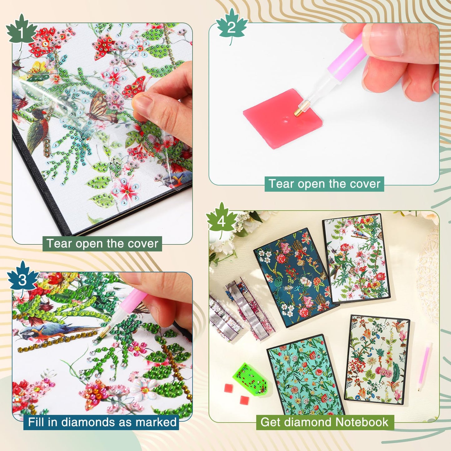 Mooliwe 4 Pcs Diamond Painting Notebook for Adults, Diamond Art Journal DIY Art Kits Sets A5 Leather Painting Sketchbook Christmas Gifts for Adults Beginners(Summer Floral)