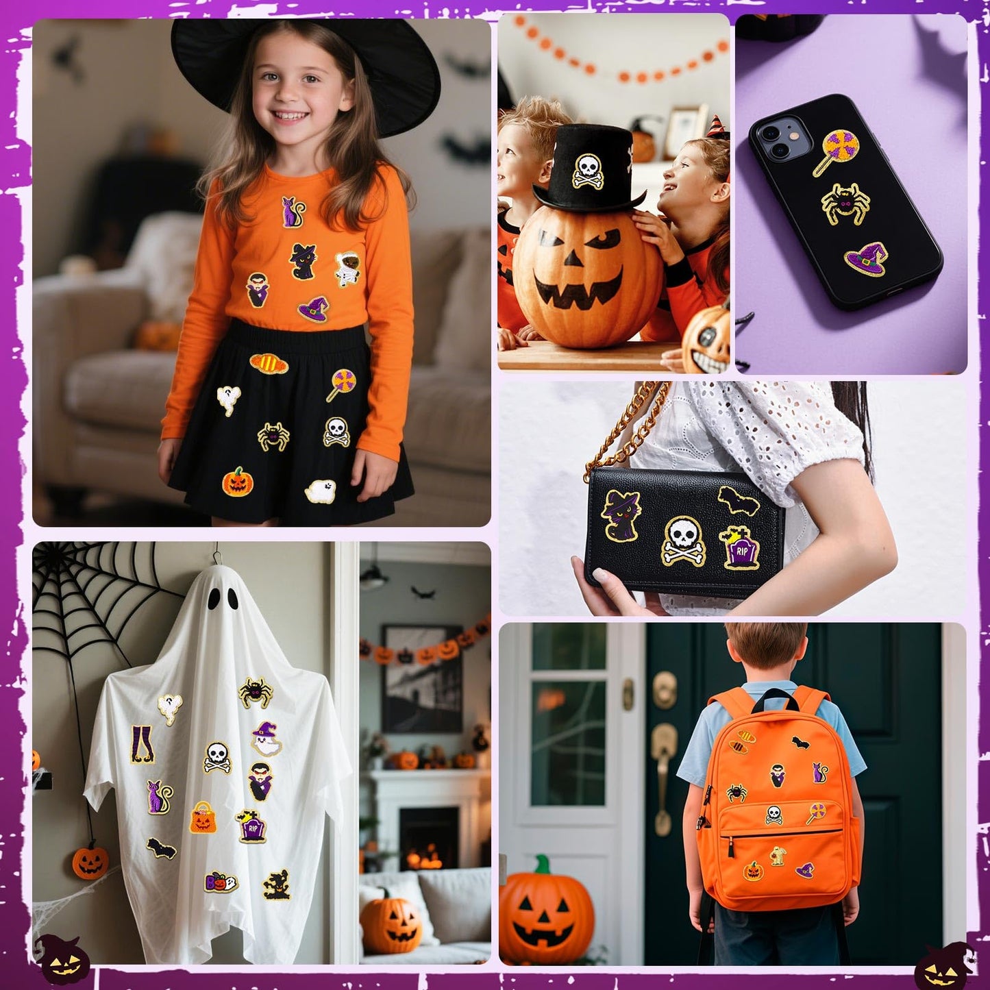 50 Pcs Halloween Patches Chenille Patches Self Adhesive Embroidered Autumn Halloween Pumpkin Ghost Skeleton Witch Hat Spider Gravestone Zombie Stick on Patch Stickers for Backpacks Hats Bags Jackets