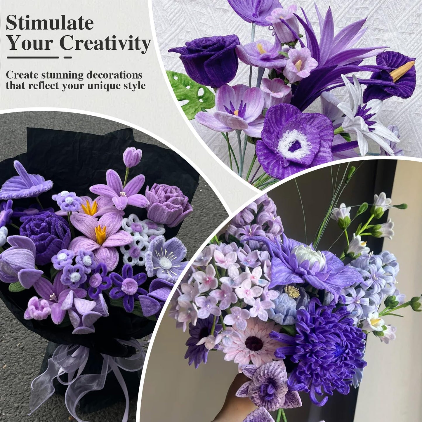 216 pcs Pink Purple OliveGreen Pipe Cleaners Set with Floral Wires & Gardening Tape, Chenille Stems Pipecleaners for Tulip Bouquet Making,Kids DIY Craft Projects and Decorations (Purple Theme)