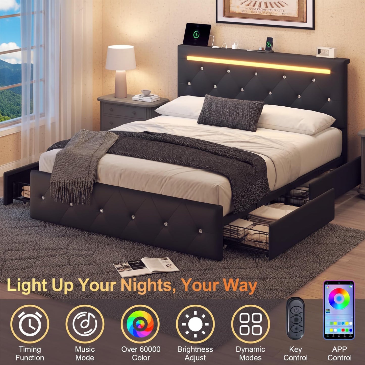 FammyLoft Queen Size Bed Frame, PU Upholstered Bed Frame with RGB LED and 4 Storage Drawers, Platform Bed Frame with Adjustable Headboard, Charging Outlet, Diamond Crystal Button, Black